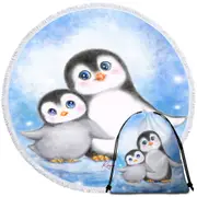 Cute Animal Art Drawings Penguins Side by Side Round Beach Towel