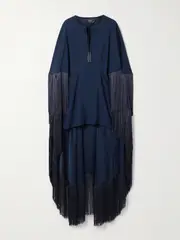 [Taller Marmo] Taller Marmo - 1970 Cape-effect Fringed Crepe Mini Dress - Navy - IT38 IT 38 Blue