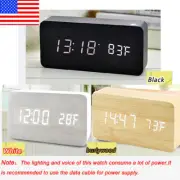 Wooden Wood Digital USB Modern LED Desk Alarm Clock Calendar Timer Thermometer