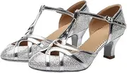 [FARZAH] Women's Latin Salsa T-Strap Closed Toe Synthetic Ballroom Dance Shoes(Silver,7)