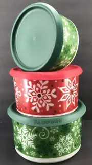 Tupperware Christmas Canisters (Set of 3) Snowflakes Holiday Stacking New