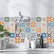 Moroccan Tile Stickers, 24PCS Decorative Square Self Adhesive Waterproof Wall Tile Stickers, Good Stickiness Vintage Moroccan Stickers Decals for Kitchen, Bathroom (10 x 10cm)