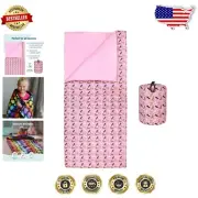 Kids Sleeping Bag with Roll-Up Design and Storage Bag - Pink Horses, 57x30-Inch