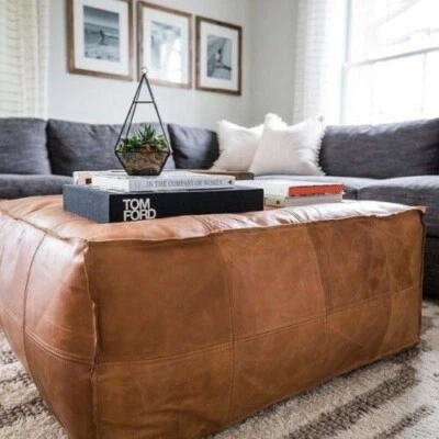 Ottoman Pouffe Footstool Leather Moroccan Brown Pouf Handmade Storage Genuine