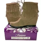 Forever Women's Size 6 Taupe Suede Lace Fringe Ankle Boots Round Toe Booties