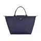 【LONGCHAMP】 LE PLIAGE GREEN刺繡LOGO再生尼龍摺疊款短把拉鍊手提包(中/藏青藍x藏青藍)#新春精品