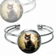 Tuxedo Cat Silver Cuff Bracelet Vintage Watercolor Art Print Cat Lover Jewelry