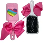 Kids Girl Pink Hair Bow Hair Brush Set Wet Detangler Paddle Brush Rainbow Heart