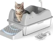 Advwin Enclosed Stainless Steel Cat Litter Box with Lid, 60L x 40W x 30.5H CM Extra Large Litter Box for Big Cats, Metal Litter Pan Tray with High Wall Sides, Non-Sticky, Anti-Leakage, Easy Cleaning