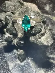 Green Tourmaline Marquee Cut .925 Silver Ring 7