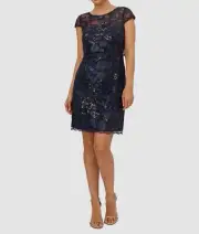 Adrianna Papell Women's Blue Sequins Embroidered Boat Neck Sheath Dress Size 14