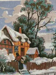 Vintage Unused Tapestry Canvas Winter Cottage Scenery G2902