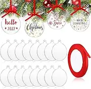 42 Pieces Round Acrylic Christmas Ornament with Red Ribbon DIY Blank Round Acrylic Ornament Transparent Circle Discs for Christmas Bauble Tree Decoration Tag Craft (3 Inches)