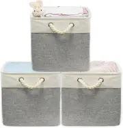 Simplehouseware Cotton Handle Extra Large Fabric Cube Storage Bin, 3 Pack, Grey