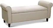 Artiss Upholstered Storage Ottoman, Foot Rest Stool Bench Padded Seat Blanket Box Chest Bedroom Living Room Indoor, 124.5 x 42 x 49cm with Armrest Taupe Faux Linen Fabric Open Lid Heavy Duty