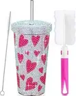 Domensi 17 oz Bling Diamond Tumbler Heart Print Rhinestone Cup Crystal Vacuum In