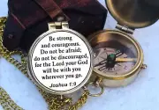 Be Strong & Courageous Brass Compass | Engraved Religious Joshua 19 Quote Bir...