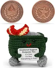 Emotional Support Dumpster Fire with Positive Card - Coworker Appreciation Challenge Coin,Dumpster fire,Handmade Crochet Ornament, Perfect Desk Accessories for Farewell & Office Pranks