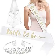 Bachelorette Party Bride to Be Decorations Kit with Bride to Sash & Silver Rhinestone Tiara & Veil, Bridal Shower Decorations Engagement Wedding Party Decorations