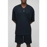 Mens Black Oversized Mesh V Neck Sports Top & Short Set