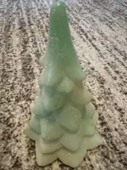 FENTON ART GLASS OPAL SANDED GREEN GLASS WITH GlITTER CHRISTMAS TREE 7 1/4”