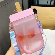 AXLOFO® Cute Water Bottle with Straw - 300 ML Creative Ice Cream Popsicle Cups Adjustable Shoulder Strap for School Girls, BPA Free Kawaii Drinking Bottles (pink)
