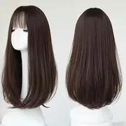 Wig Female Long Hair Natural Full Head Cover Realistic Long Straight Hair Natural Air Bangs Hair Cover Dark Brown