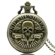 Antique Bronze Pocket Watch Steampunk Skull 2ND AMENDMENT Analog with Chain