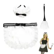 Halloween Maid Cleaning Lady Costume Accessories Set 3 Piece Anime Ruffled Hair Hoop Lace Apron Duster Set For Maid Dress Up black/white