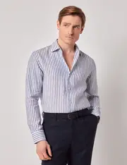 Hawes & Curtis Navy & White Stripe Pure Linen Slim Shirt | One Piece Collar | Full Cutaway Size: Small