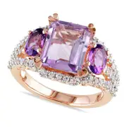 Emerald-Cut and Oval Amethyst and Lab-Created White Sapphire Ring in Rose Rhodium Sterling Silver