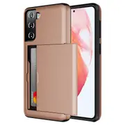 ZUSLAB Galaxy S21 FE 5G Case Slide Armor Card Holder Protective Shockproof Hard Back Cover for Samsung - Rose Gold