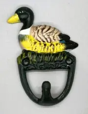 Vintage Cast Iron Hand Painted Duck Wall Hook Coat Hanger Mallard Antique