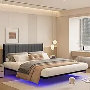 [VERFARM] Floating Bed Frame Queen with LED Lights and Charging Station, Queen Bed Frame with Upholstered Headboard, Metal Platform Bed Frame Queen Size with Under Bed Storage, No Box Spring Needed
