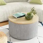 Storage Ottoman Blanket Box 60cm Linen Round Grey Home Decor Furniture Sto 60-GY