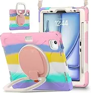 Tablet Protection Case Compatible with iPad Air 11inch (M3 2025 7th/M2 2024 6th),Heavy Duty TPU Shockproof Kids Case,360 Degree Rotating Multi-Function Grip Bracket+Shoulder Strap Rugged Cover Tablet