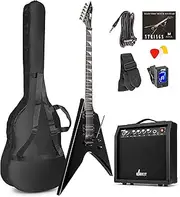 [MAX] GigKit Rock Style Electric Guitar, Electric Guitar Set with Guitar Amplifier, Bag, Plectrum, Tuner Guitar, Instrument Cable, Replacement Strings, Guitar Strap, 24 Frets - Black