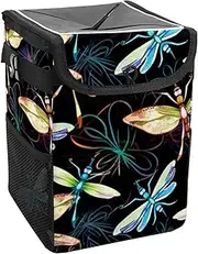 Car Trash Can with Lid and Storage Pockets Leak-Proof Organizer,Waterproof Garbage Can,Dragonfly and Flower