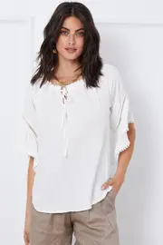 White Relaxed Top Short Sleeve Oversized Linen - Size 14, Women's Top
