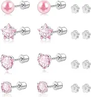 [DAILI] 8 Pairs Screw Back Earrings for Girls, Toddler Earrings Surgical Steel Earrings Hypoallergenic Kids Earrings Heart Pearl Star Cubic Zirconia Flat Back Stud Earrings Little Girl Earrings