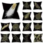 Golden Feather Black Pillowcase Custom Leaves Plants Cushion Cover Quare Pillow