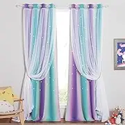 NICETOWN Kids Room Decor for Girls, White Mosquito Net & Blackout Drapes Assembled, Mix & Match Star Cut Curtain Panels with Versatile Styling Options (Teal & Purple, Each is W52 x L84, Sold by 1 PCs)