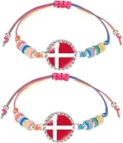 2 Danish Flag Braided Rope Bracelets, Adjustable Handmade Braided Glass Bracelet, Soccer Basketball Volleyball Game Cheering Wristband, Denmark Tourism Souvenir, Adjustable, Rope Glass, no,