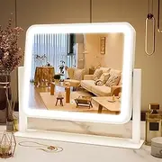 FENNIO Vanity Mirror with Lights, 14"x12", Modern, White Aluminum Frame, Tabletop Mount, Smart Touch Sensor, 3-Color Lighting