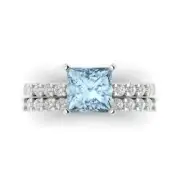 2.6ct Princess Cut Pave Swiss Topaz Promise Bridal Ring Band set 14k White Gold