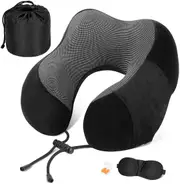 Travel Pillow Memory Foam Neck Pillow Airplane Travel Kit with 3D Sleep Mask Earplugs, Black