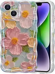 ELEPIK for iPhone 14 Plus Case, Stylish Floral Oil Painting Design, Glossy Finish with Curly Wave Edges, Durable TPU, Protective & Elegant Cover for Girls Women, Green