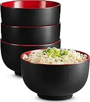 Kook Ceramic Japanese Noodle Bowl Set, Large Capacity, For Ramen, Udon, Soba, Pho and Soup, Microwave and Dishwasher Safe, 1 Litre, Black/Red, Set of 4