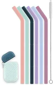 Ello Impact Pack of Reusable Silicone Straws with Fold & Store Carry Case, Portable Drinking Straw for Party Travel Cruise Ship, Includes Straw Cleaning Brush, Dishwasher Safe, BPA-Free