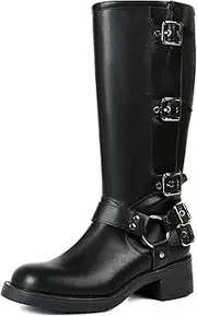 [Uacllcau] Knee High Riding Boots for Women Vintage Waterproof Slip On Motorcycle Boots Wide Calf Square Toe Chunky Low Heel Biker Buckle Boots Casual